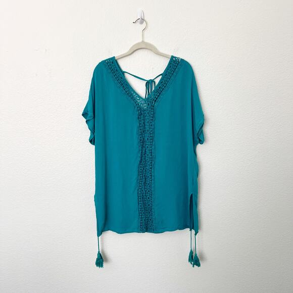 [Aimage] Teal V-Neck Crochet Lace Tasseled Side Slits Swim Coverup Sz Medium M - Picture 3 of 12